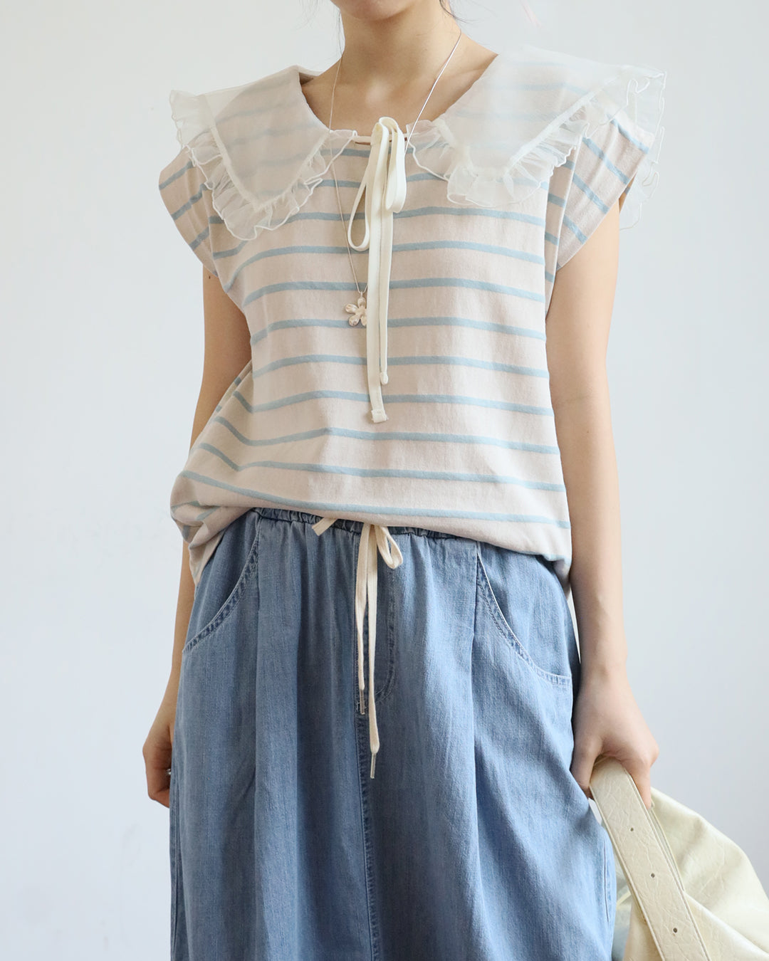 Mesh Collar Striped Top
