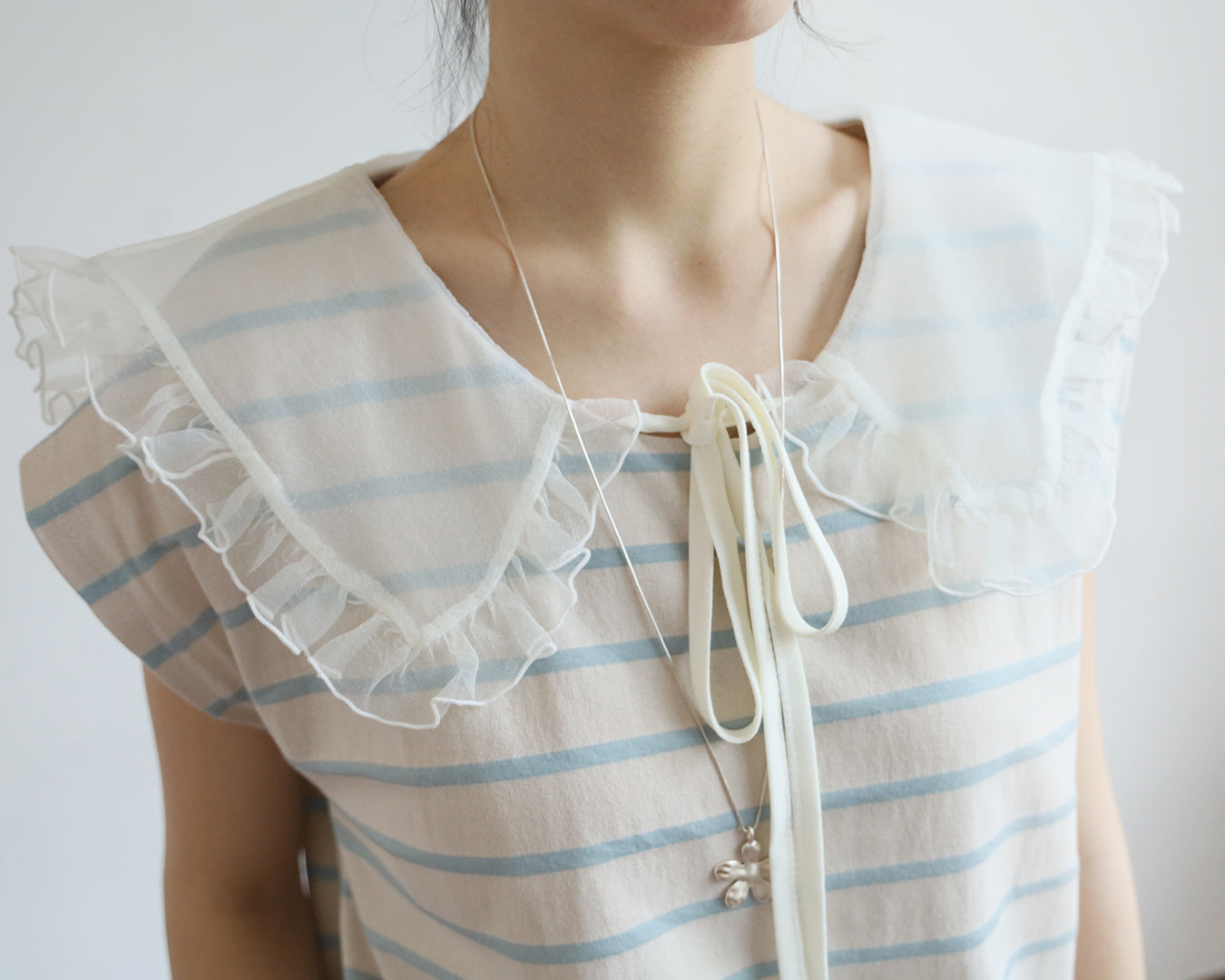 Mesh Collar Striped Top