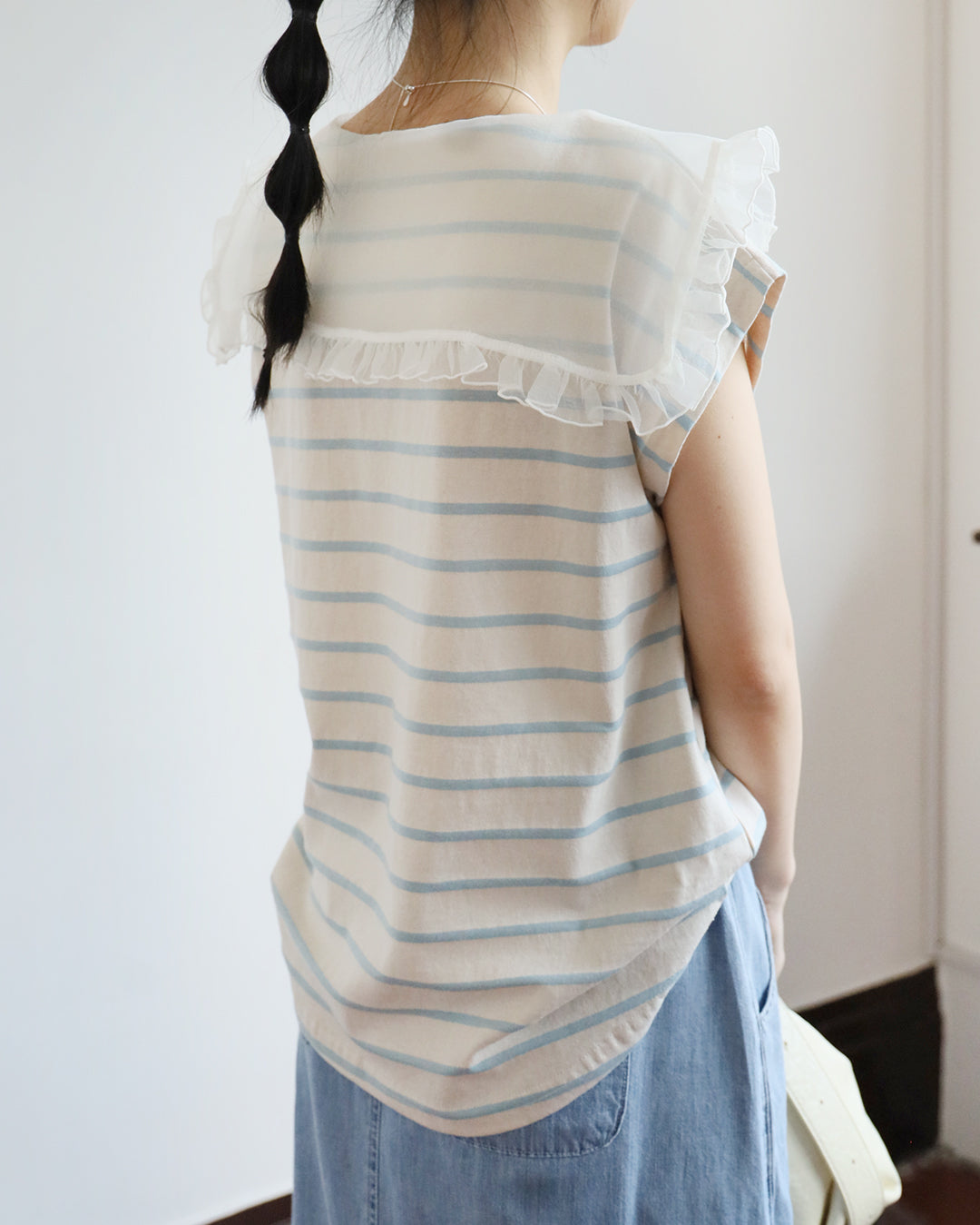 Mesh Collar Striped Top