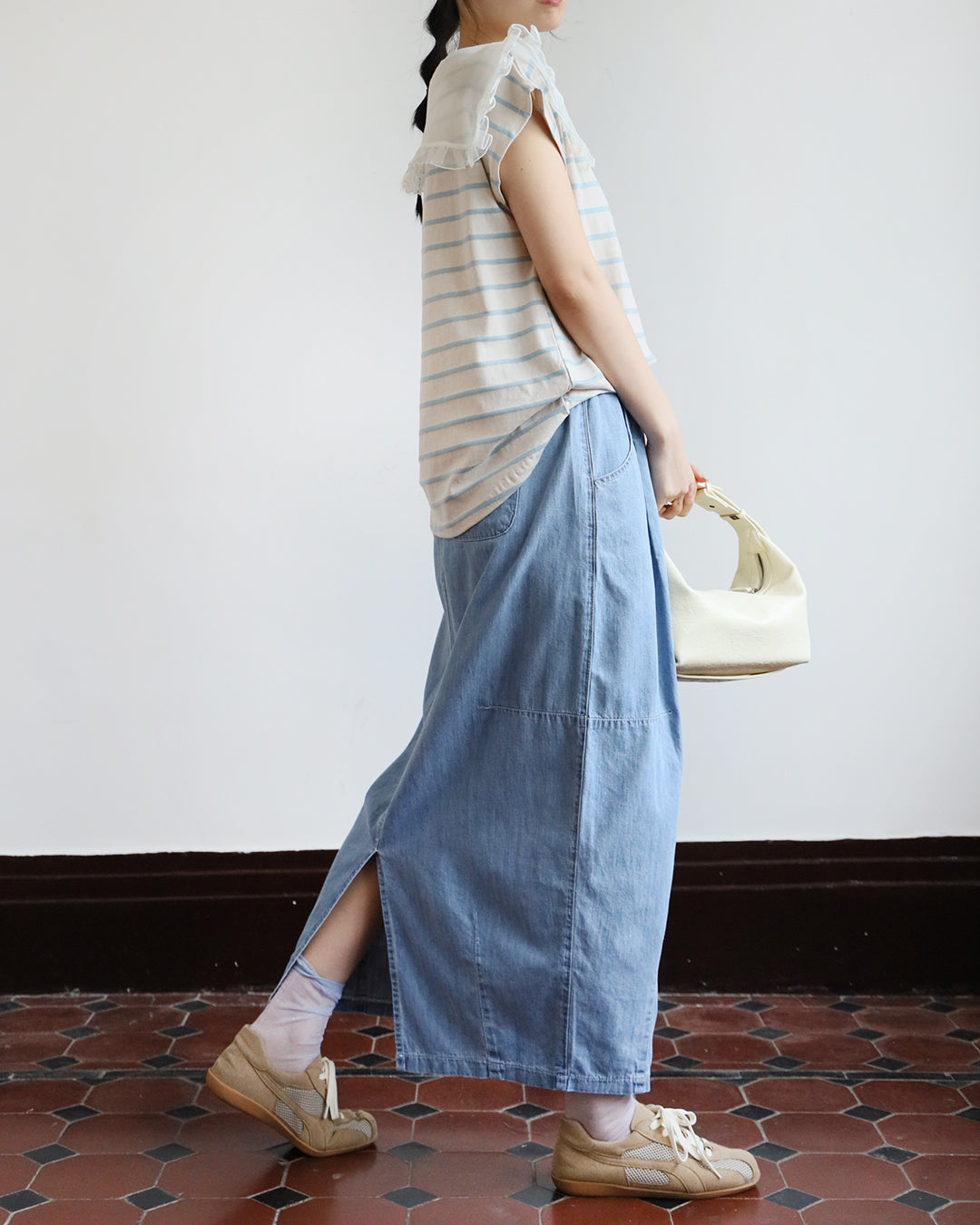 Mesh Collar Striped Top