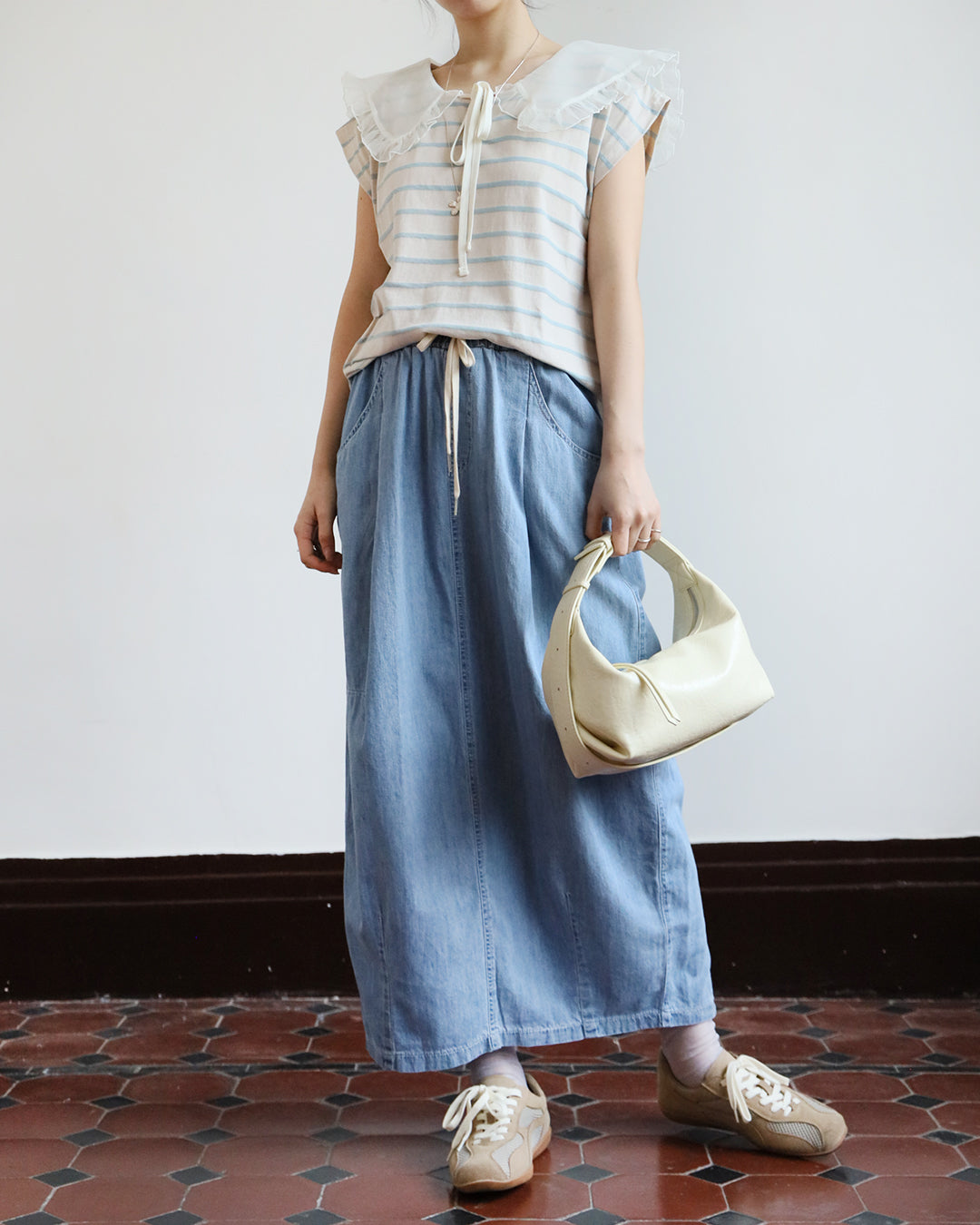 Mesh Collar Striped Top