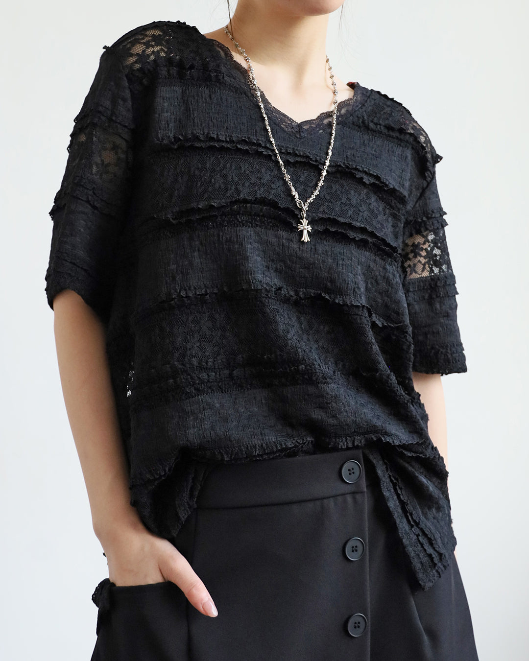 V-Neck Lace Trim Top (2 colors)