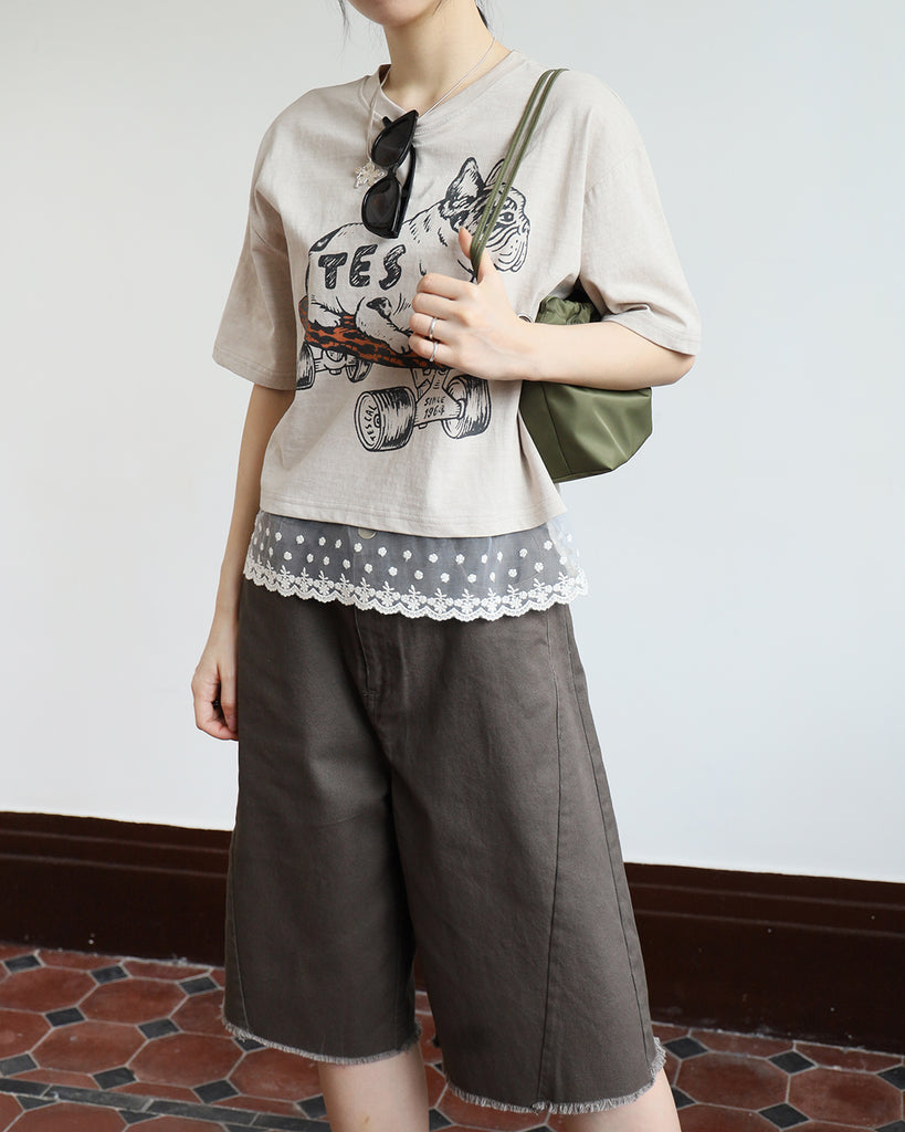 Printed Tee w/ Lace Hem (2 color)