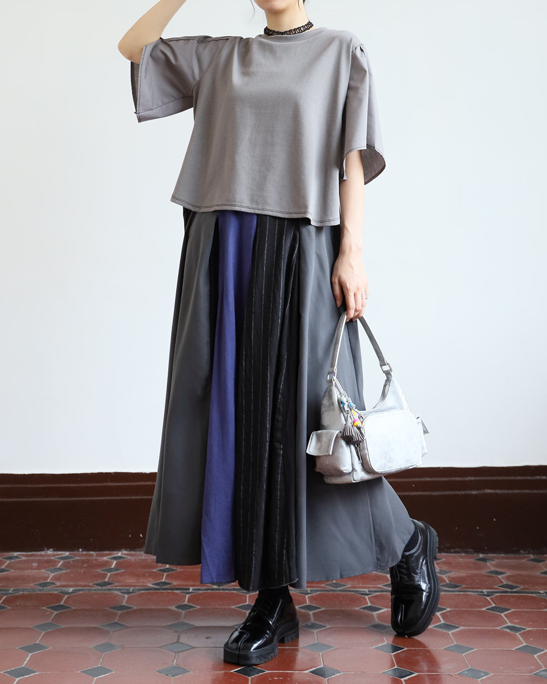 JAPAN BRAND - Mix Fabric Pinstriped Skirt