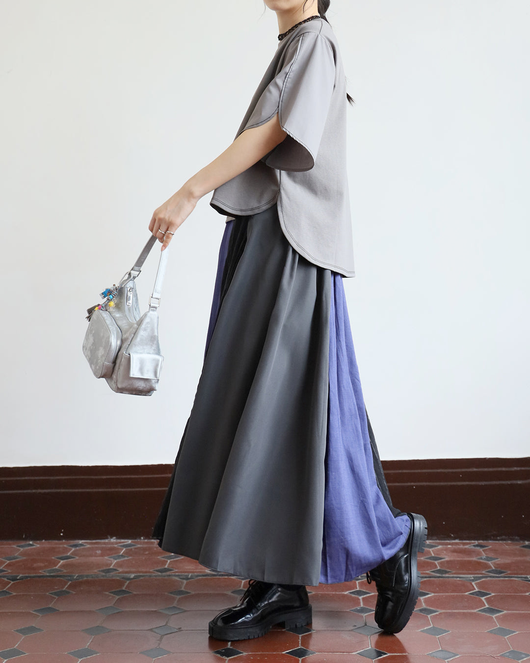 JAPAN BRAND - Mix Fabric Pinstriped Skirt