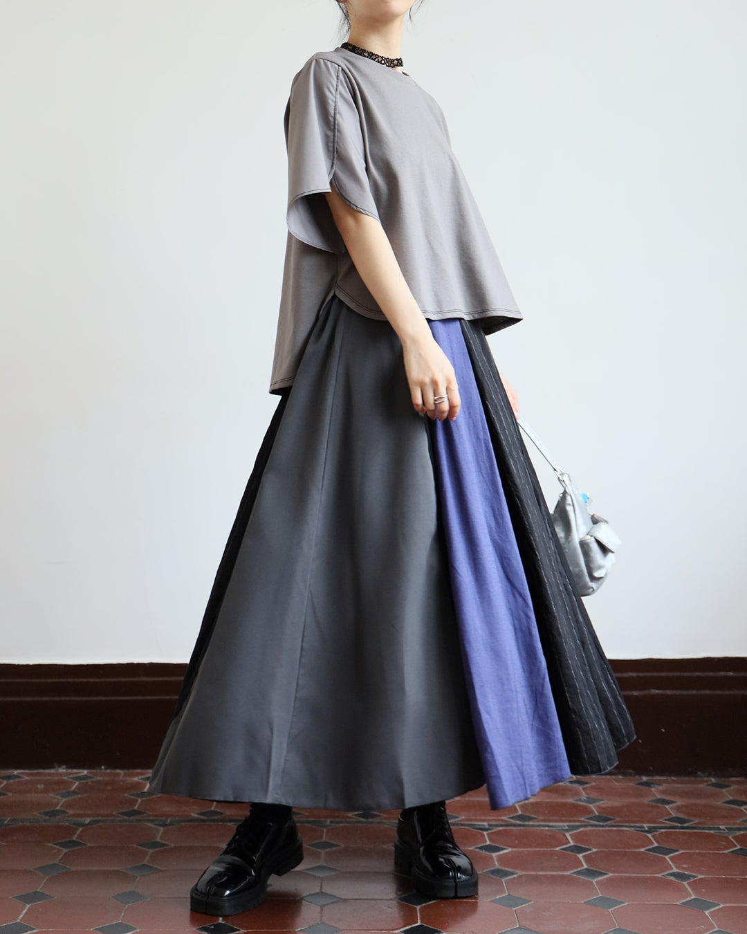 JAPAN BRAND - Mix Fabric Pinstriped Skirt