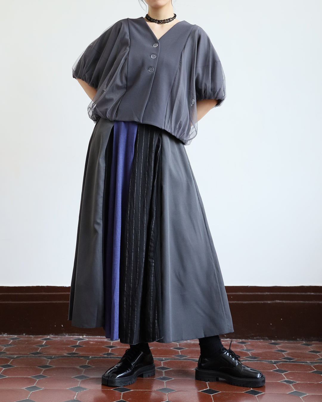 JAPAN BRAND - Mix Fabric Pinstriped Skirt