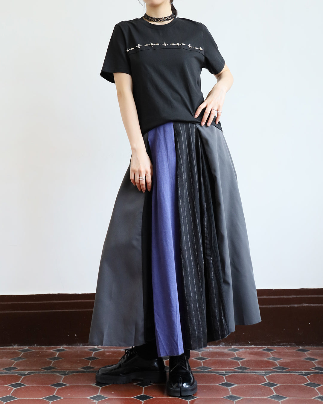 JAPAN BRAND - Mix Fabric Pinstriped Skirt