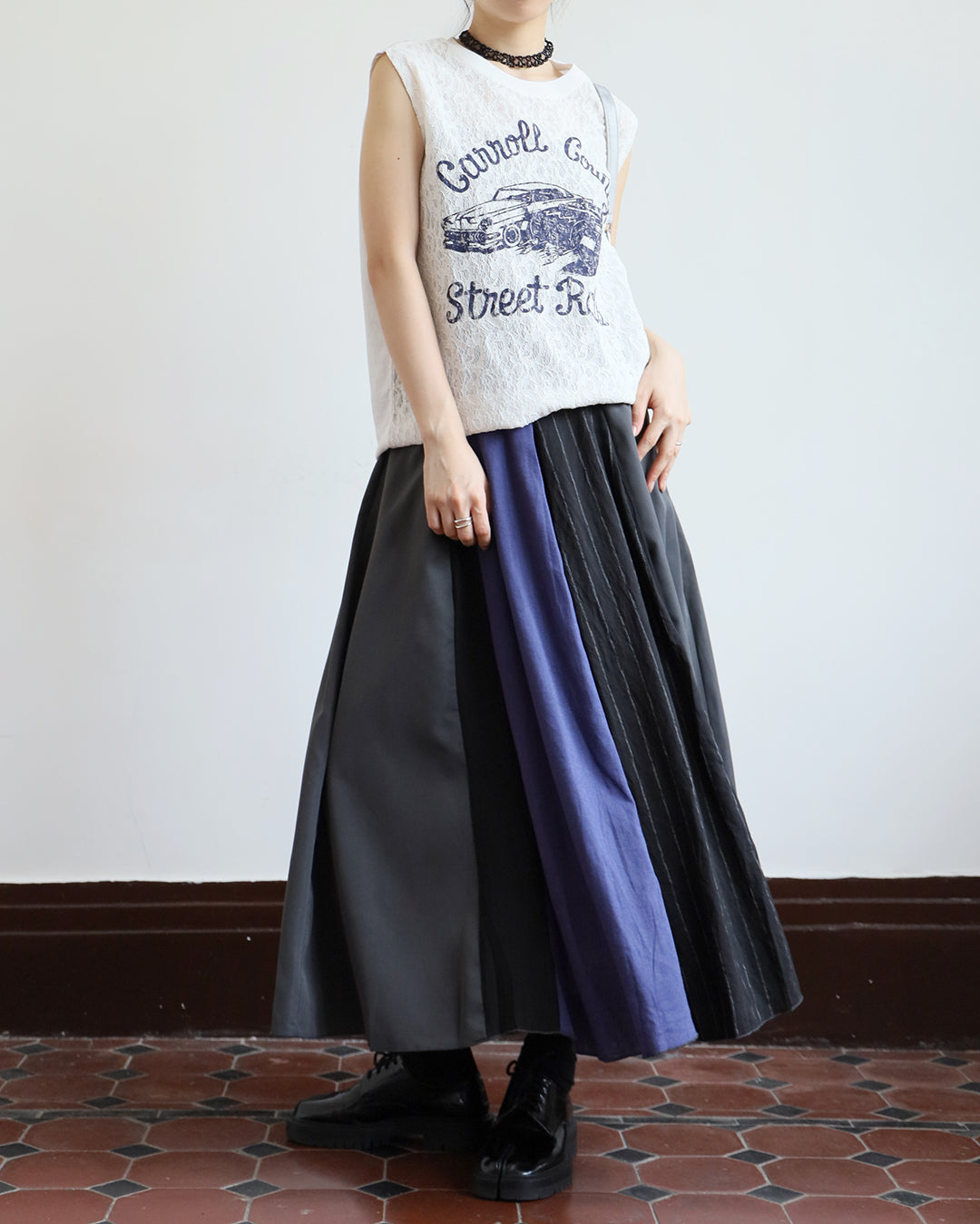 JAPAN BRAND - Mix Fabric Pinstriped Skirt