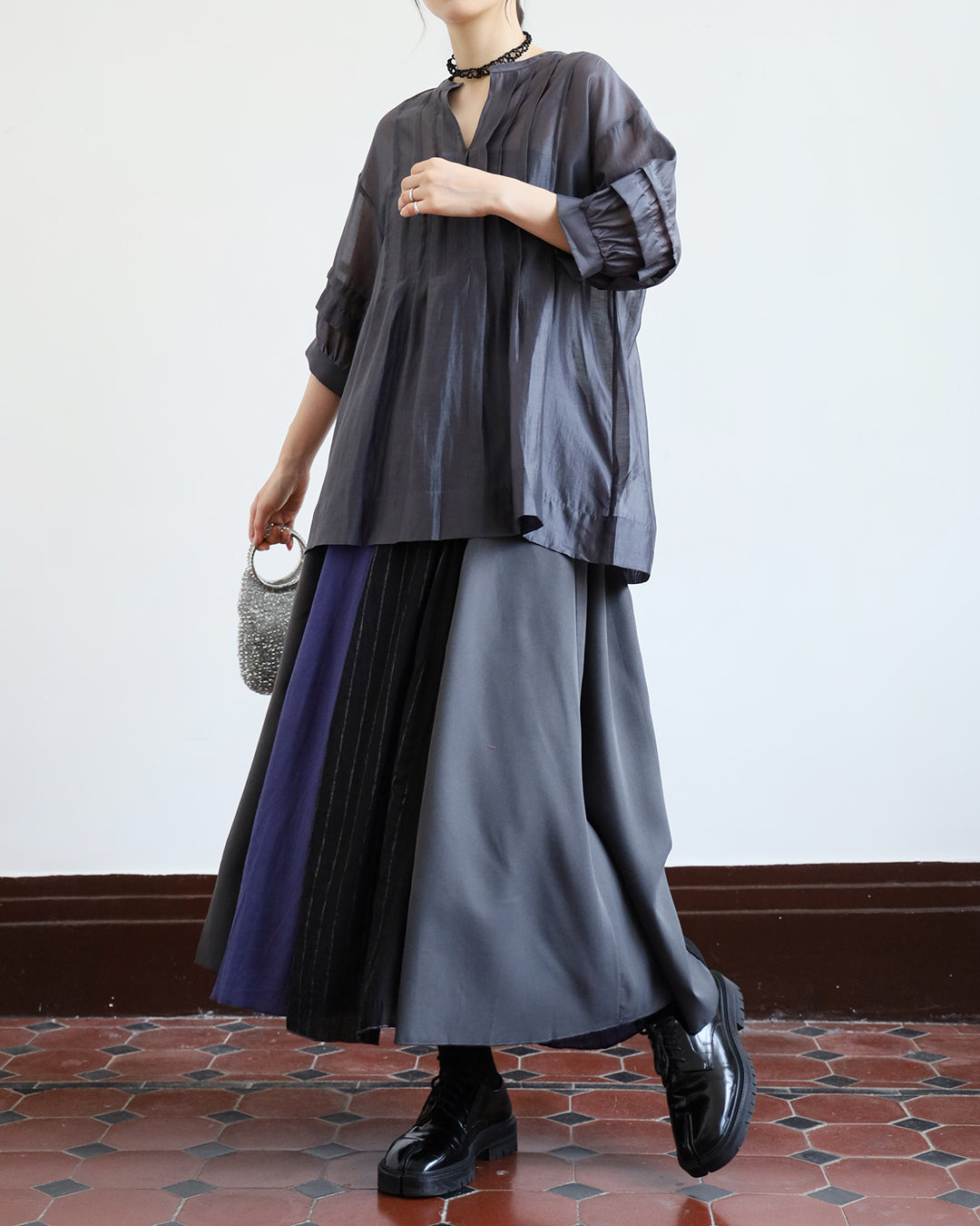 JAPAN BRAND - Mix Fabric Pinstriped Skirt