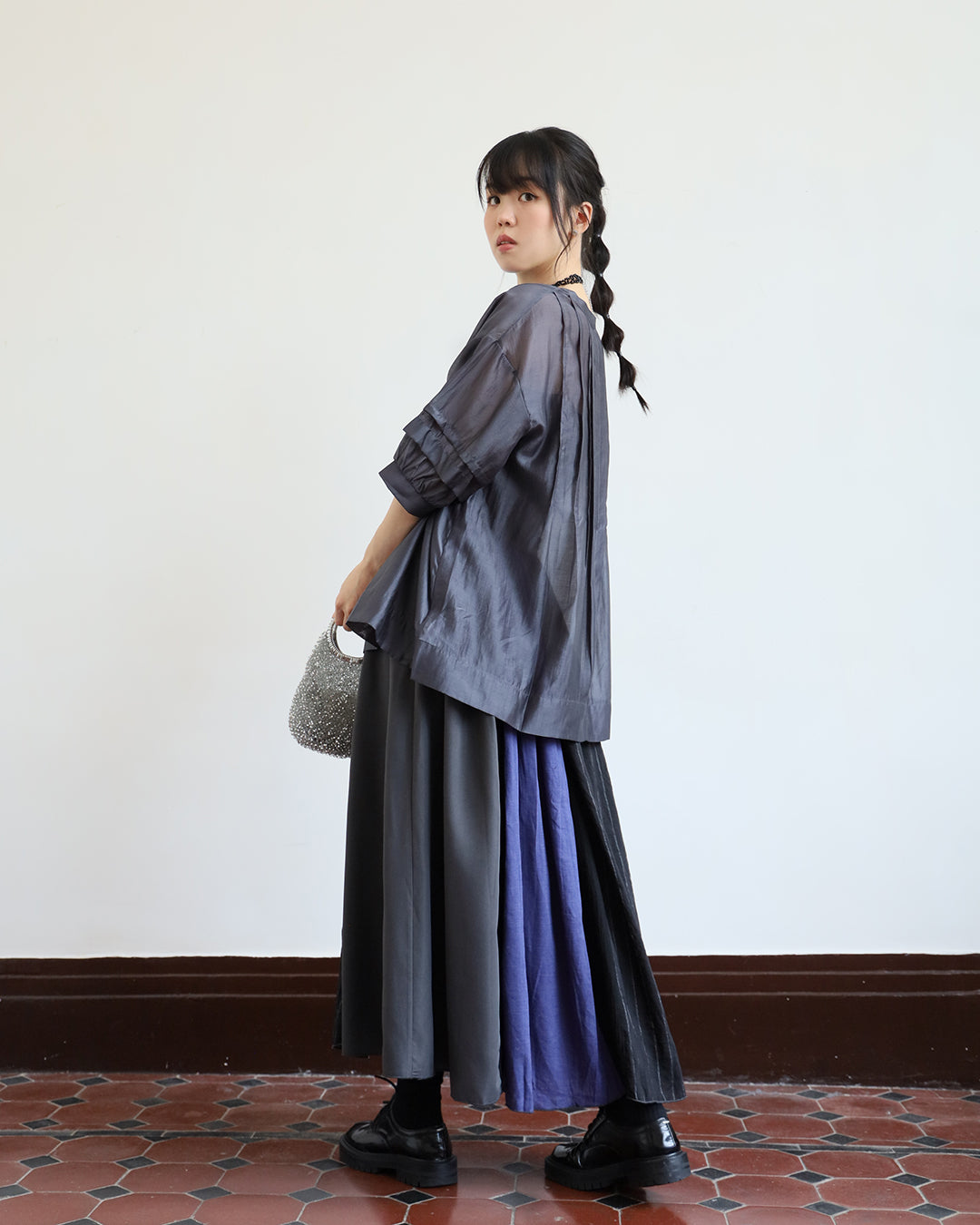 JAPAN BRAND - Mix Fabric Pinstriped Skirt