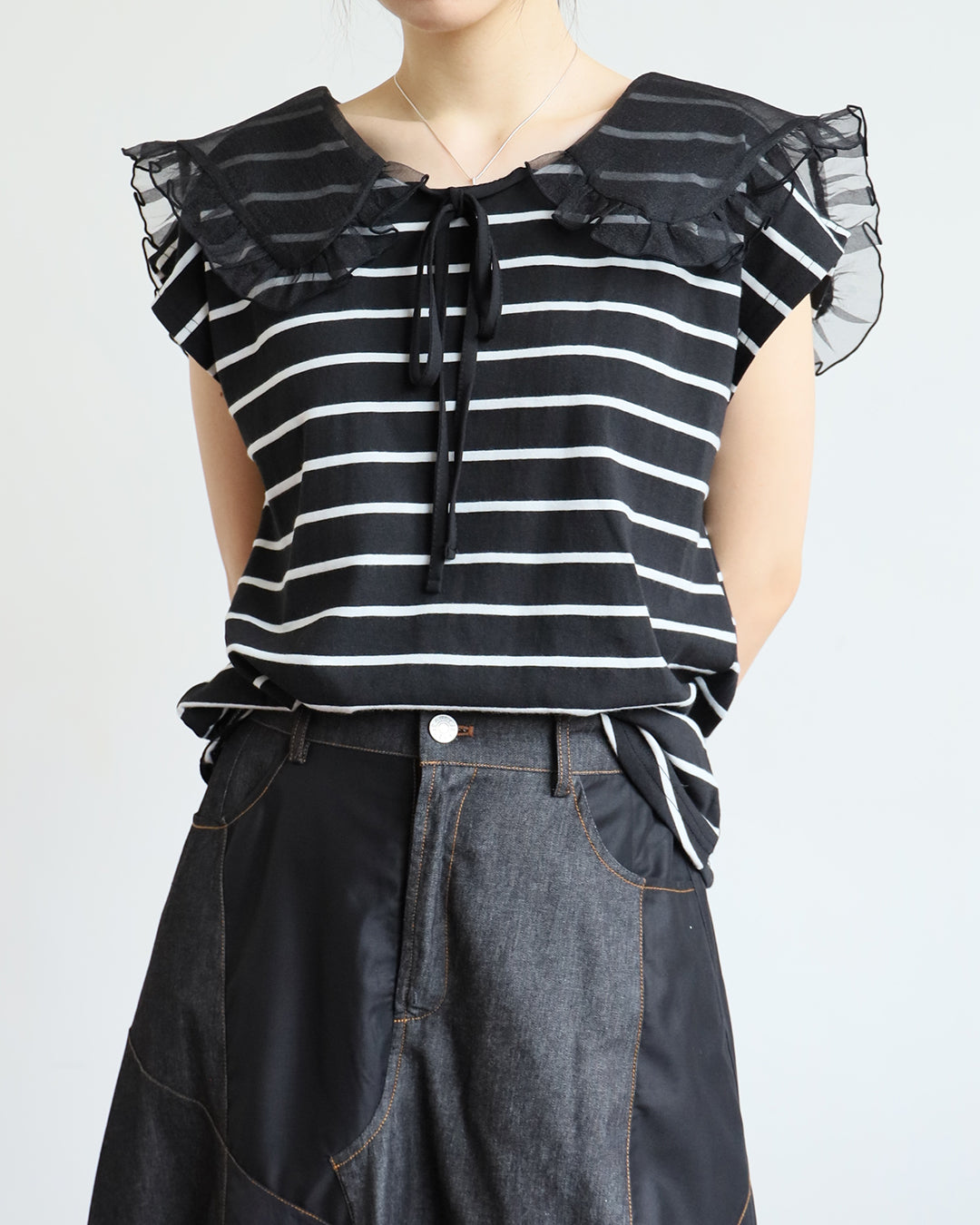 Mesh Collar Striped Top