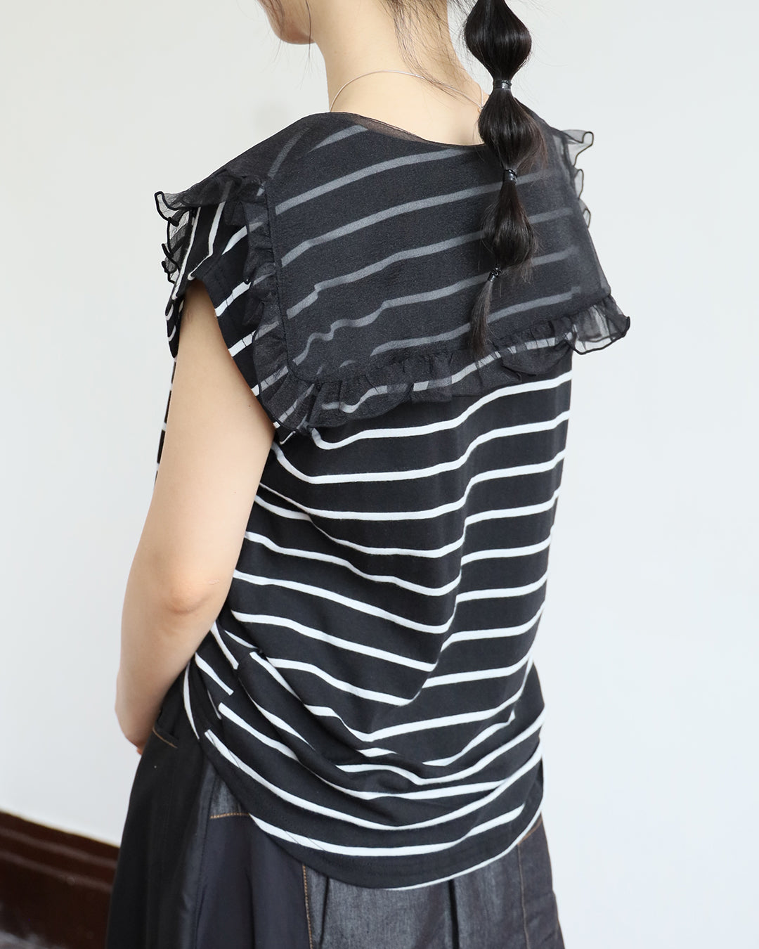 Mesh Collar Striped Top