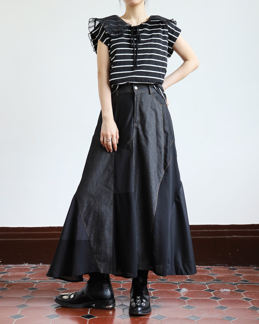 Mesh Collar Striped Top