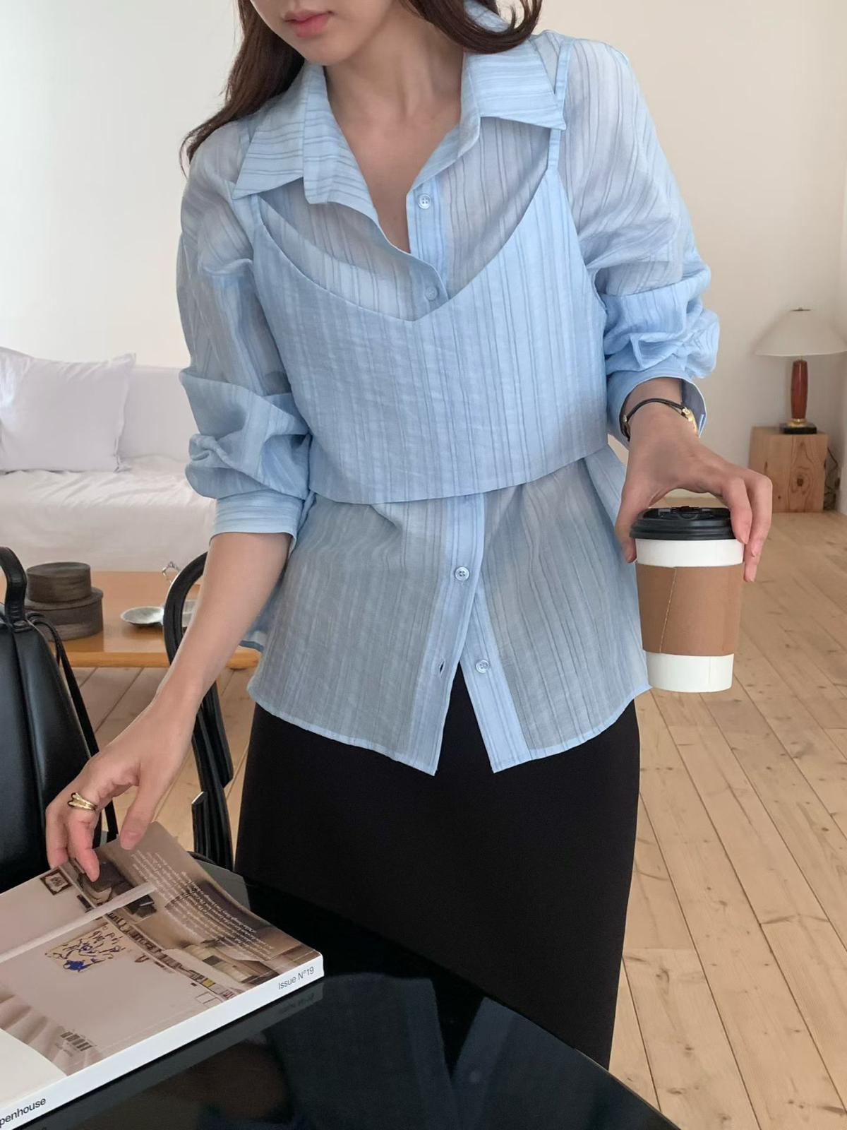 Texture Fabric Shirt + Cami Top (Set) (3 color)