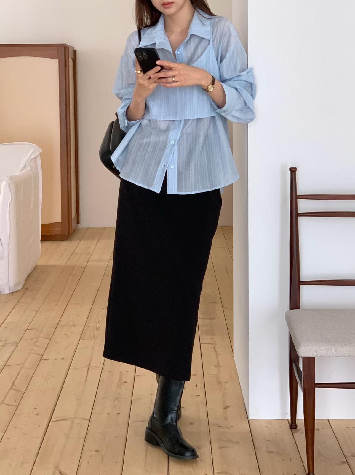 Texture Fabric Shirt + Cami Top (Set) (3 color)