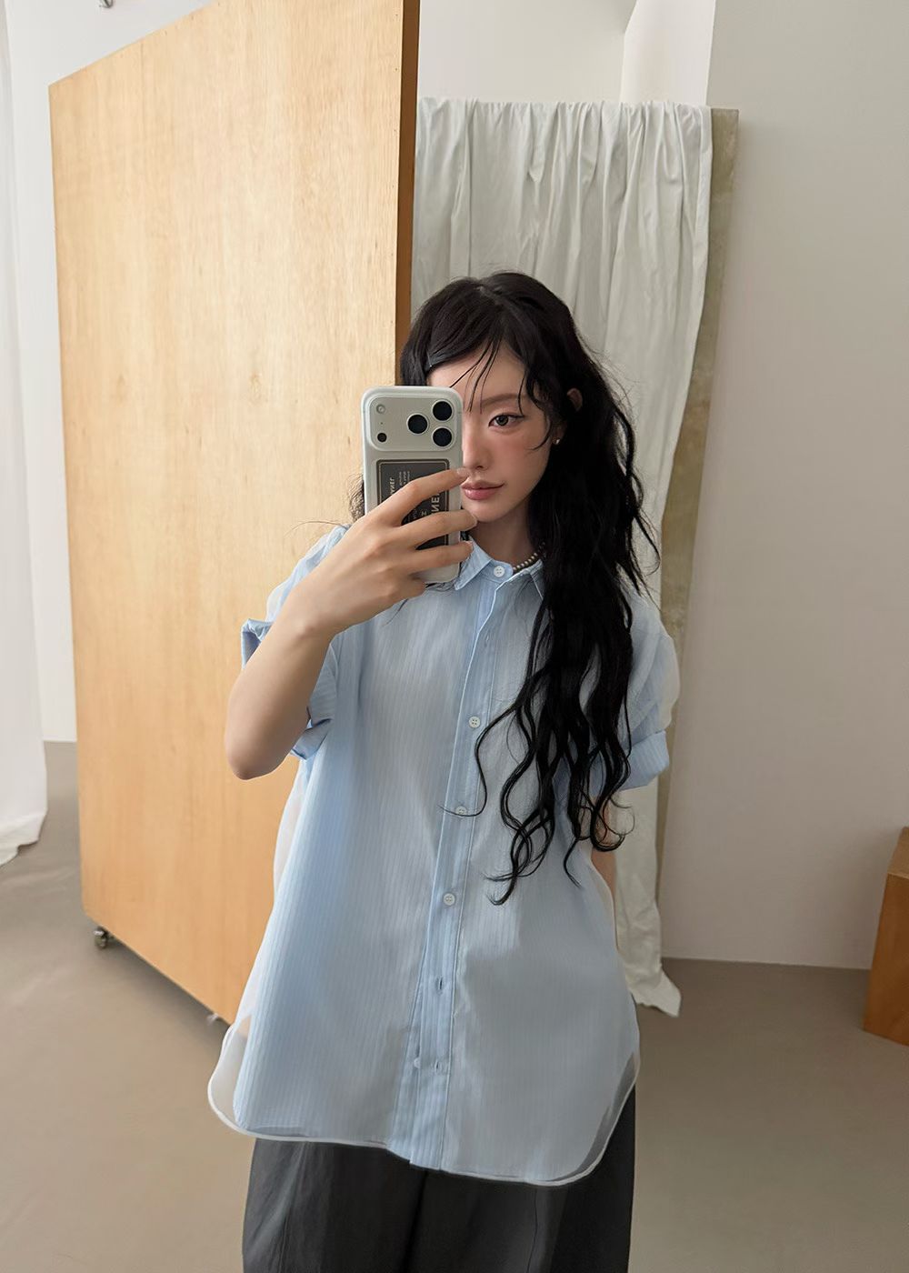 Mesh Layer Pinstripe Shirt (3 colors)