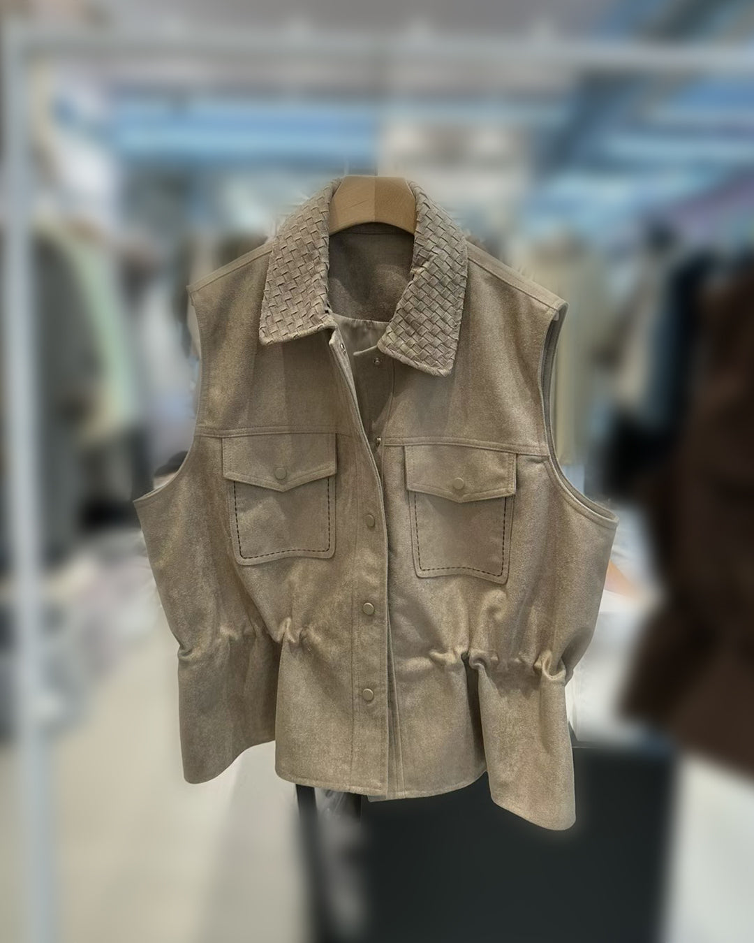 Woven-Collar Faux-Leather Vest (2 Colors)