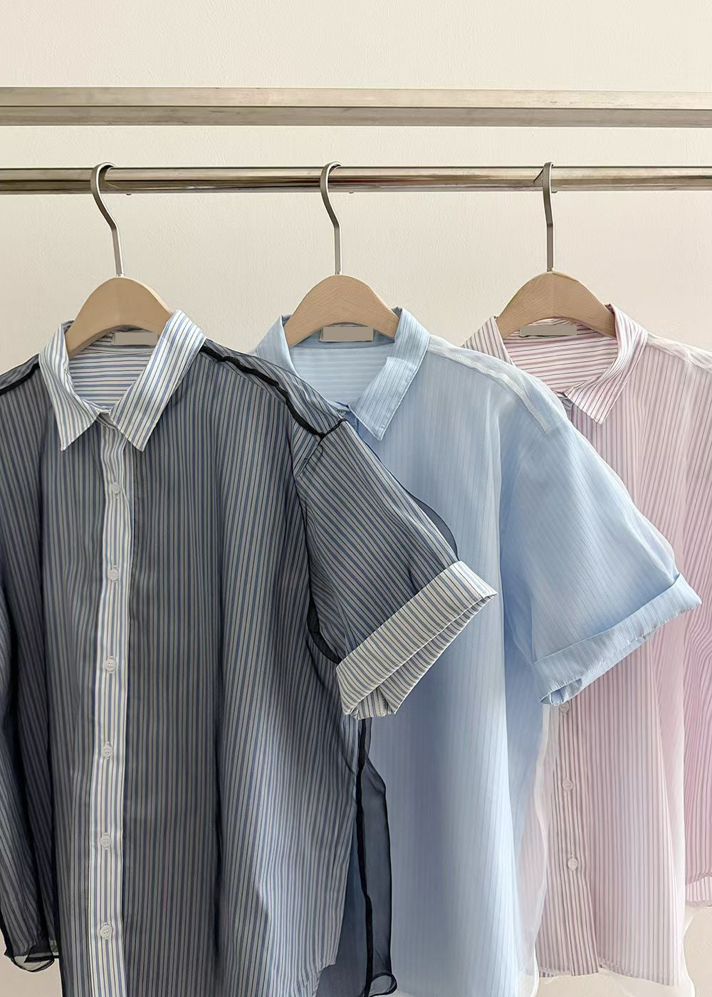 Mesh Layer Pinstripe Shirt (3 colors)