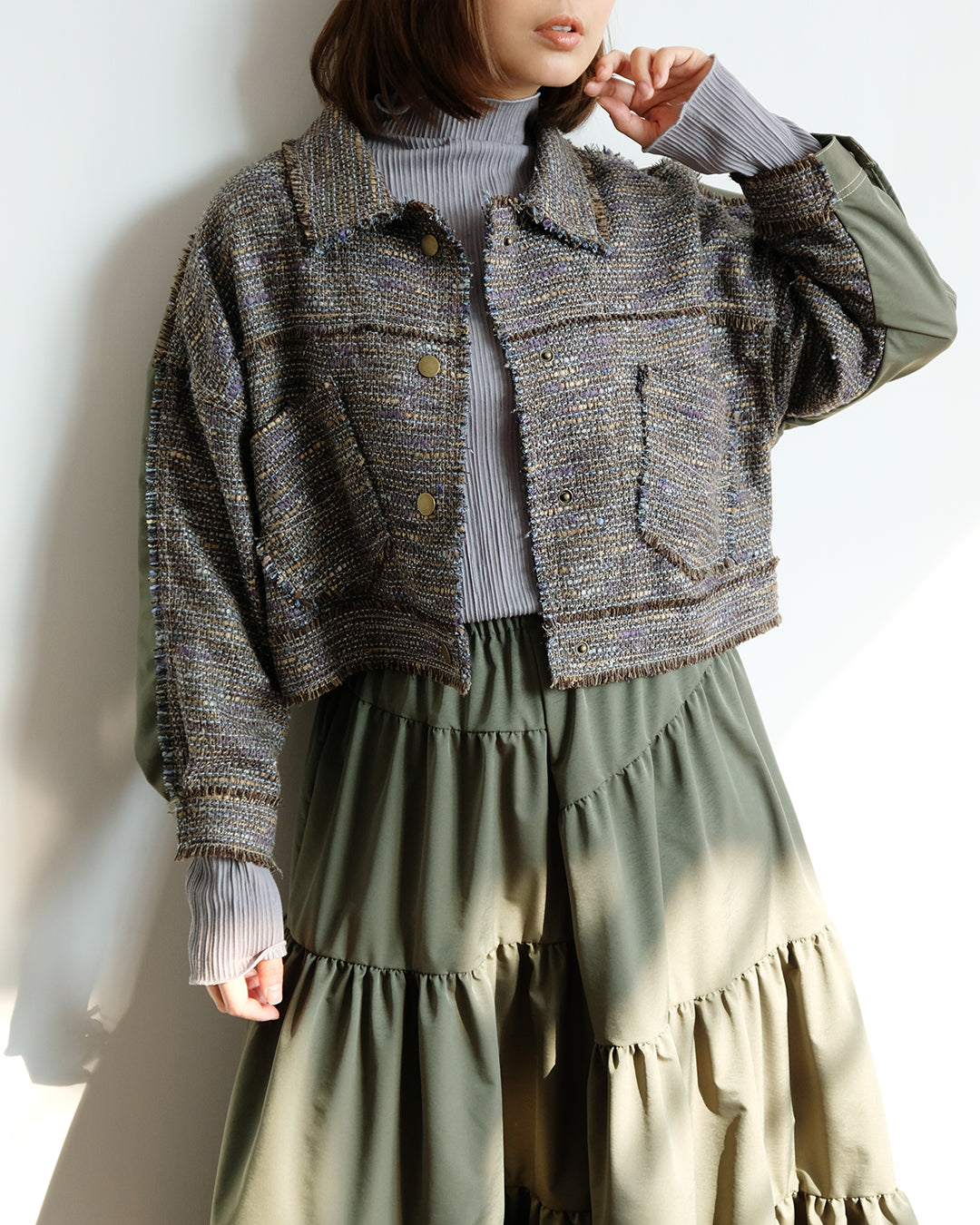 Mixed Fabric Tweed Jacket (Forest Green)