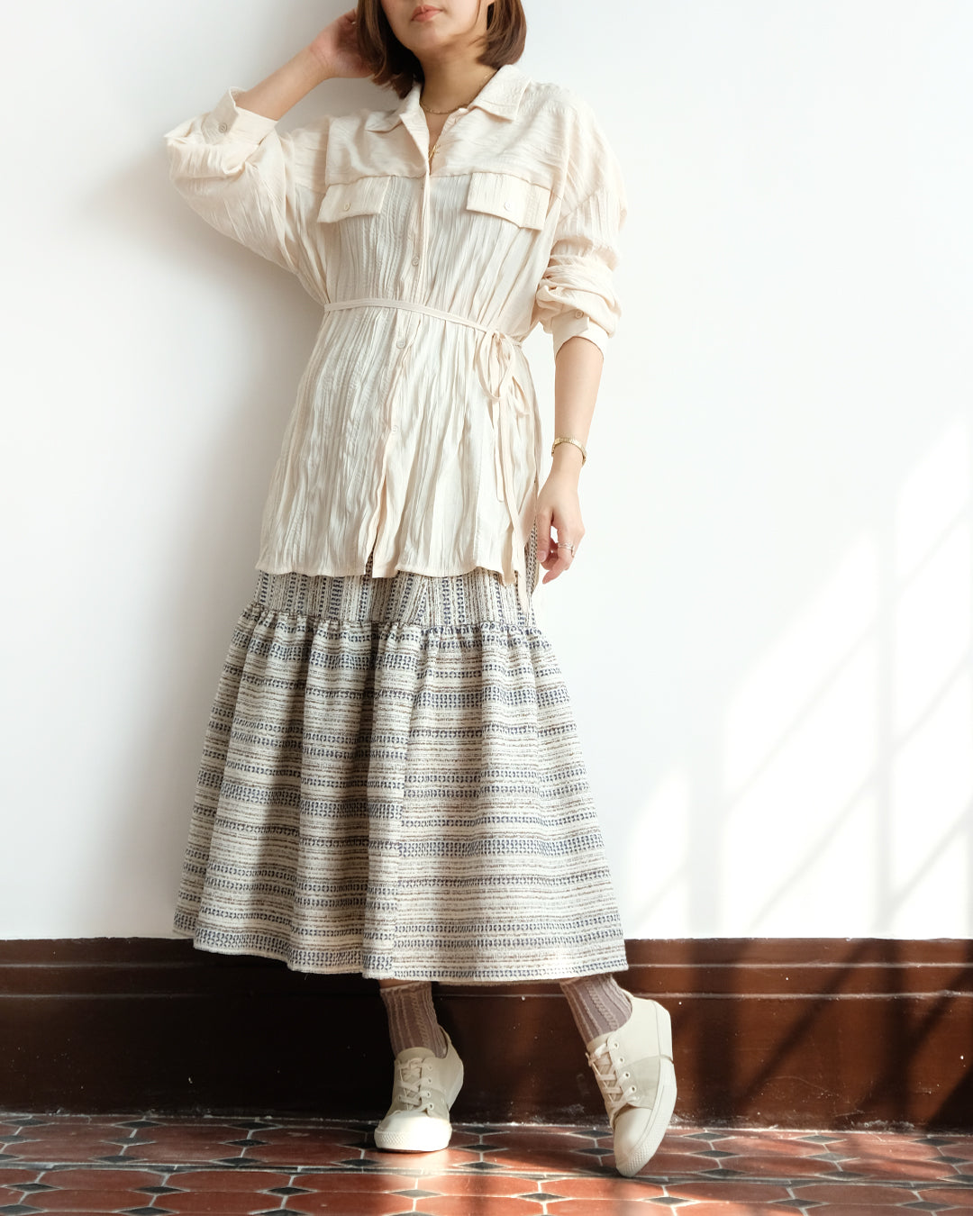 Audrey Peplum Hem Tweed Skirt (Oatmeal)