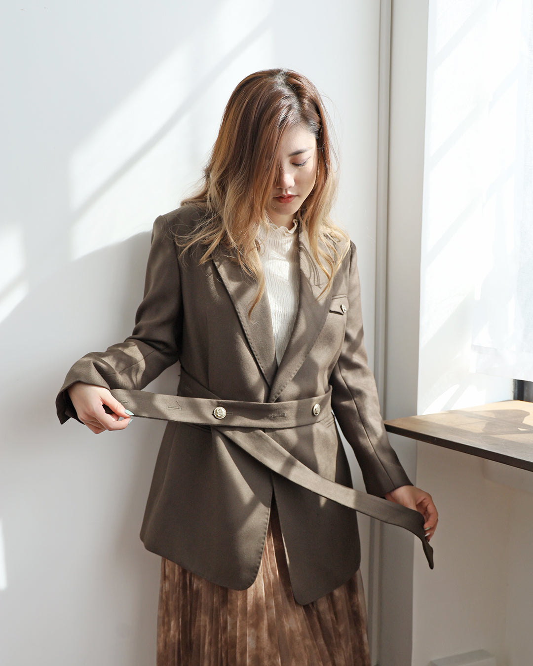 Premium Wool Asymmetric Blazer w/ Belt