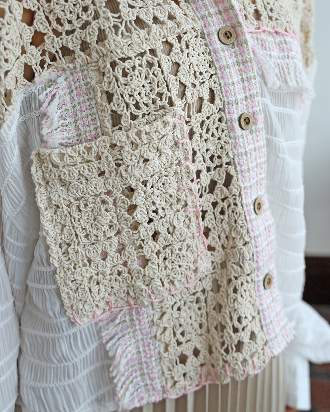 Crochet Crinkle Shirt w/ Tweed Trim