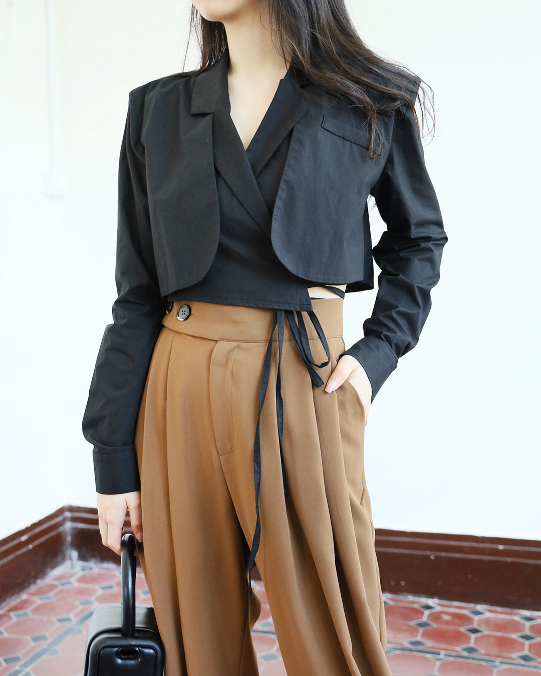 Black Tie Waist Cropped Suit Jacket