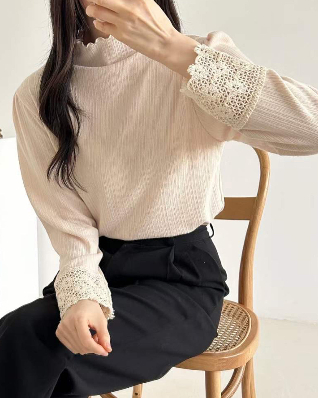 Lace Cuff Pleated Top