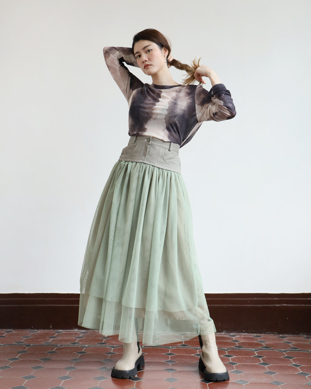 Mixed Fabric Mesh Skirt - Ash Green