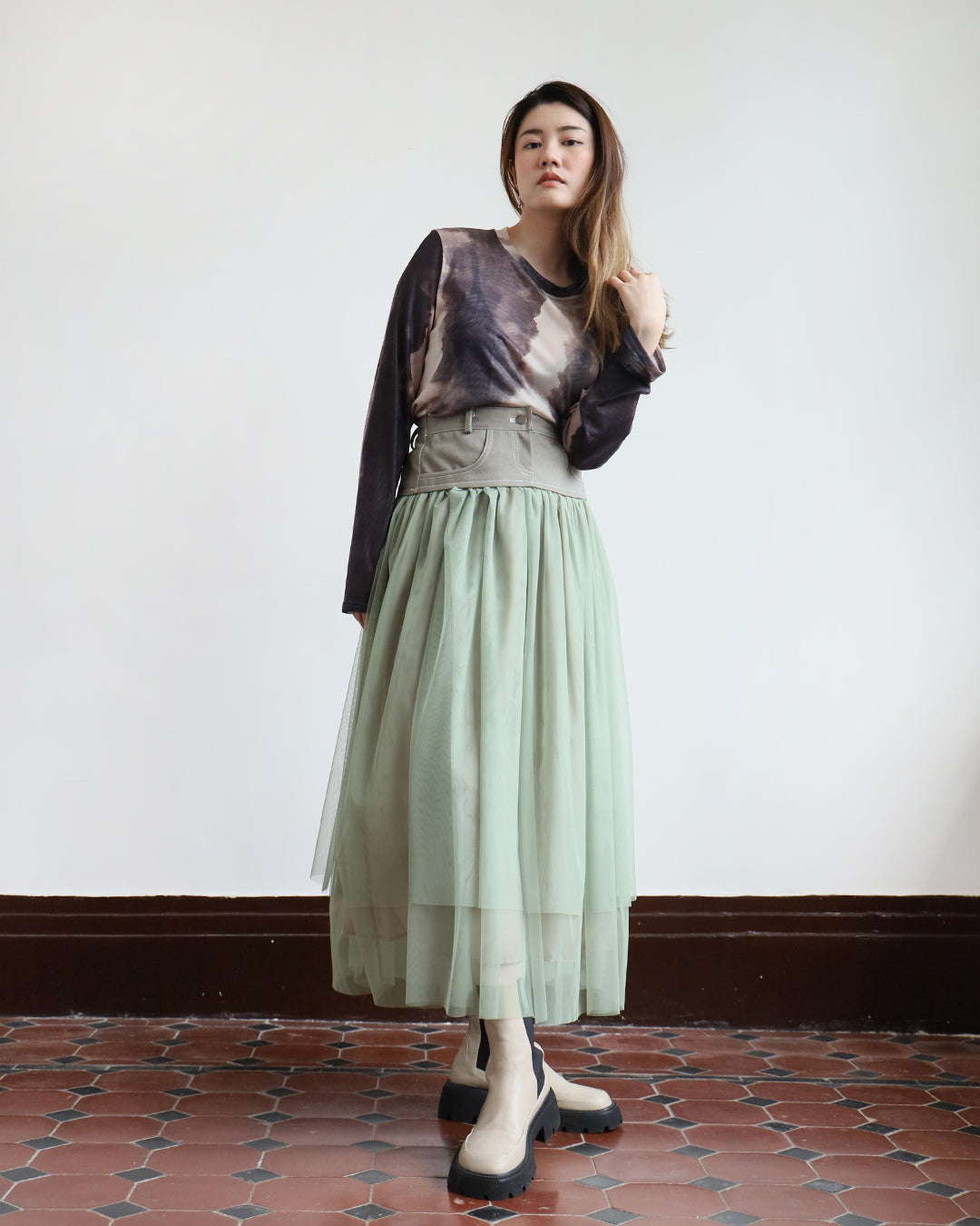 Mixed Fabric Mesh Skirt - Ash Green