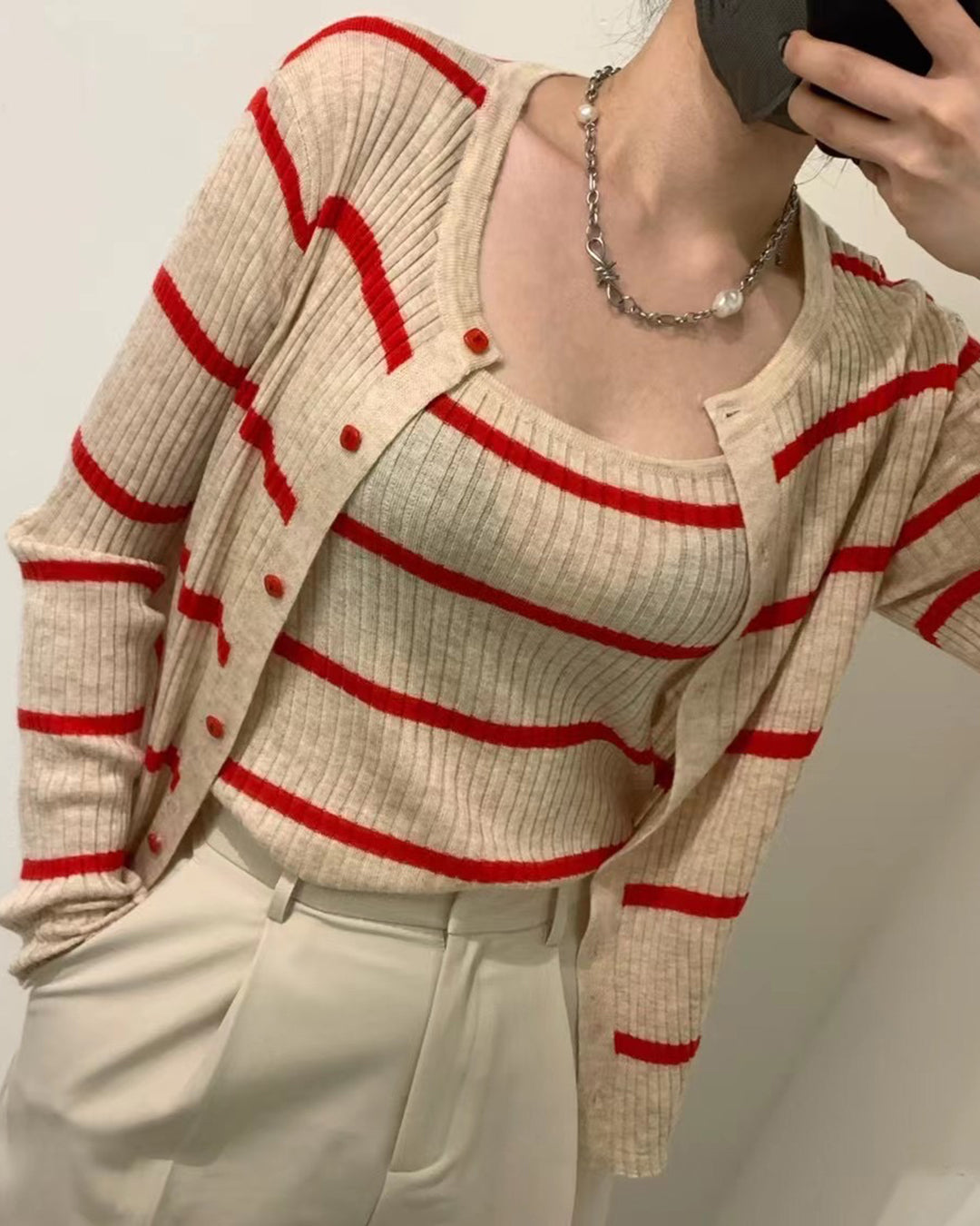Striped Cami Top + Cardigan (Set) 