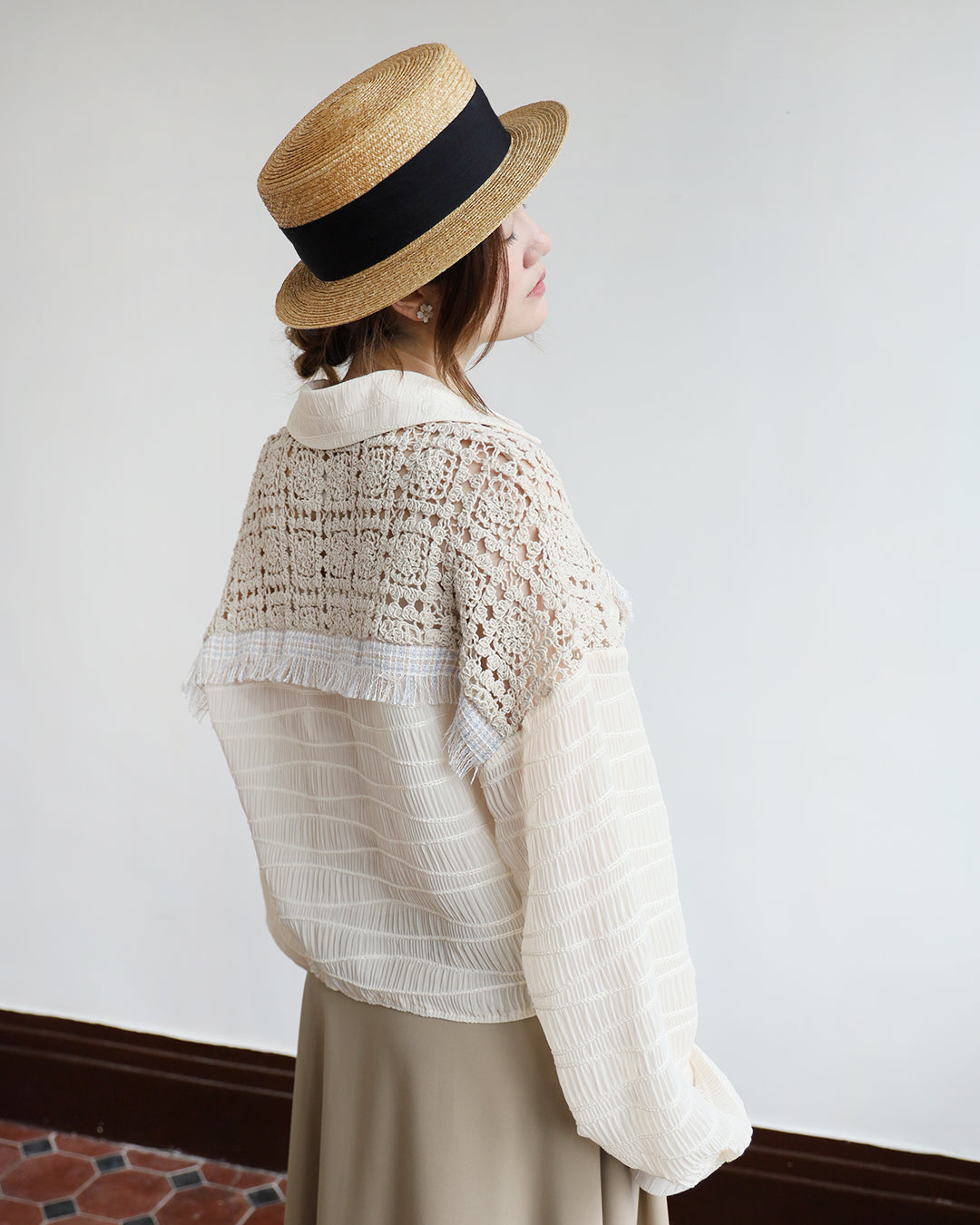 Crochet Crinkle Shirt w/ Tweed Trim