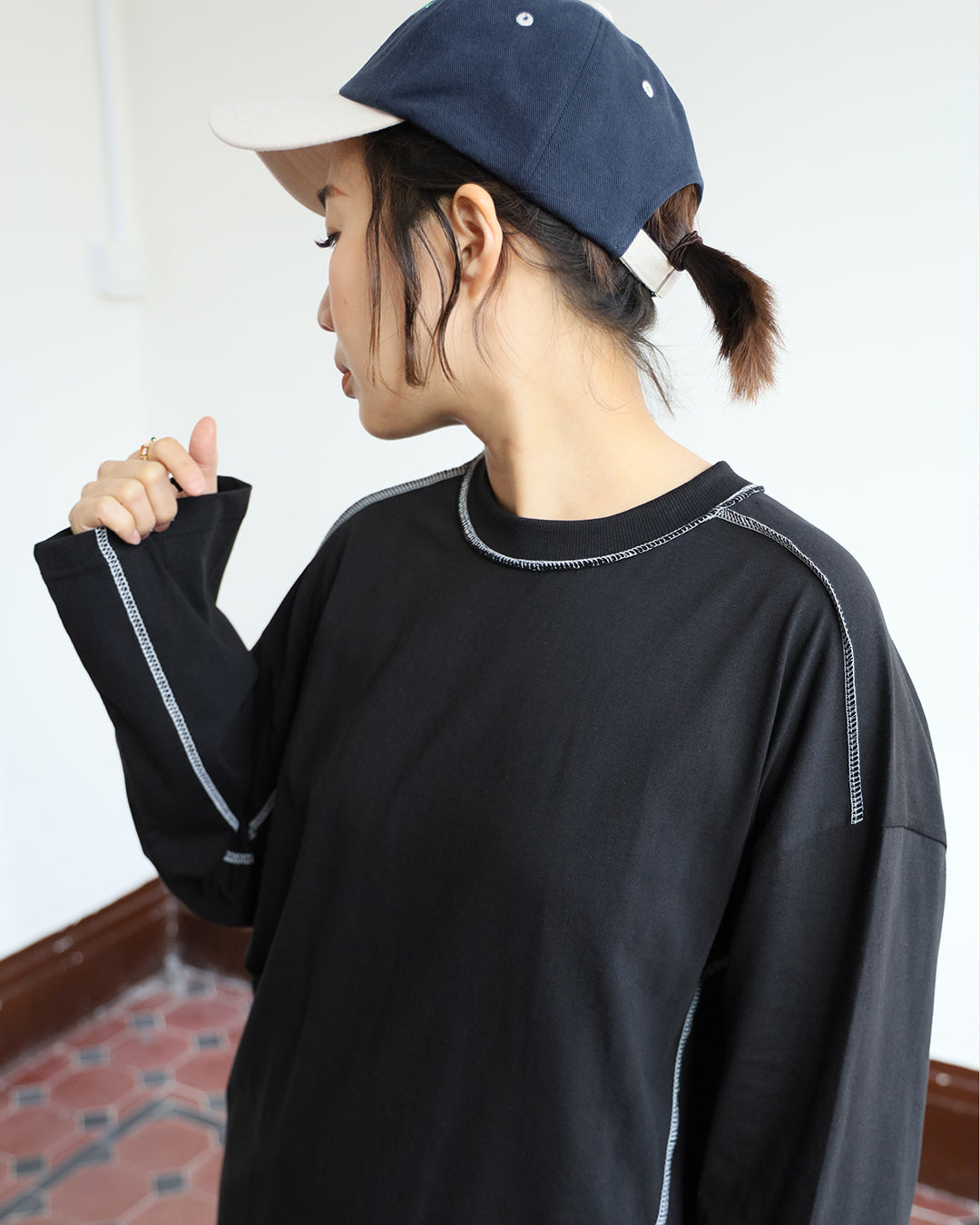 Asymmetric Contrast Stitched Top - Grey
