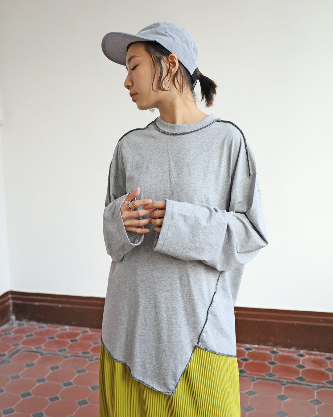 Asymmetric Contrast Stitched Top - Grey