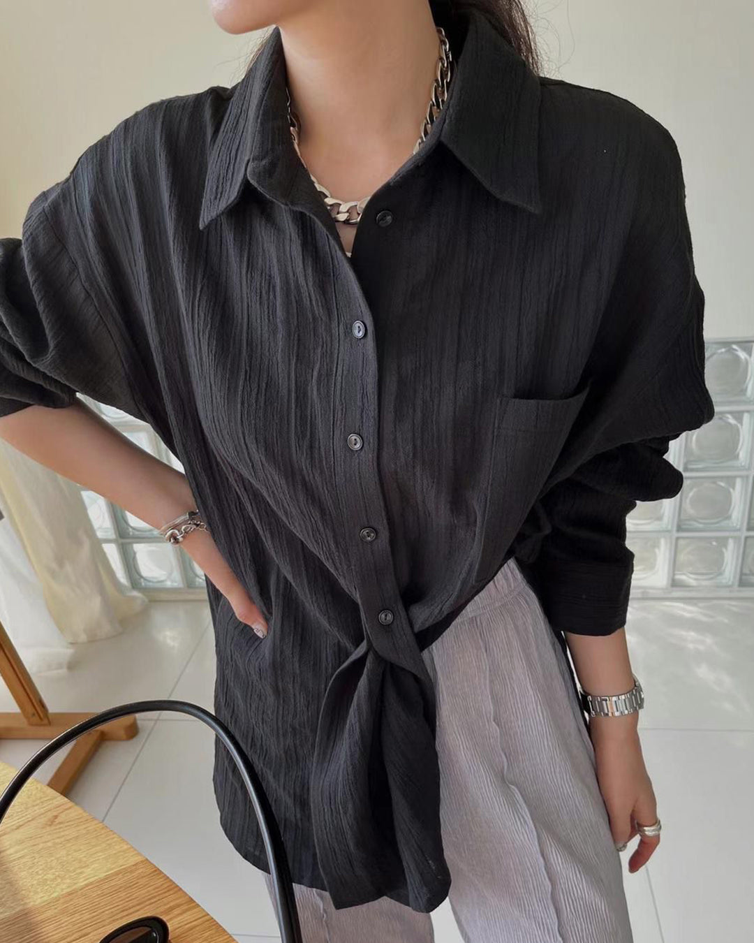 Crinkle Fabric Tie Waist Shirt (Black)